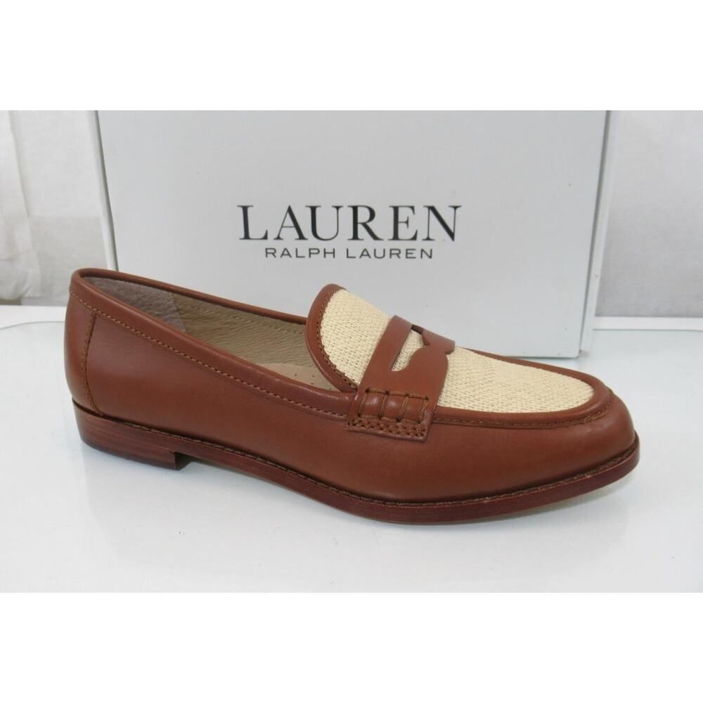 Women's LAUREN Ralph Lauren Size 8 Wynnie Leather / Raffia Penny Loafer Tan